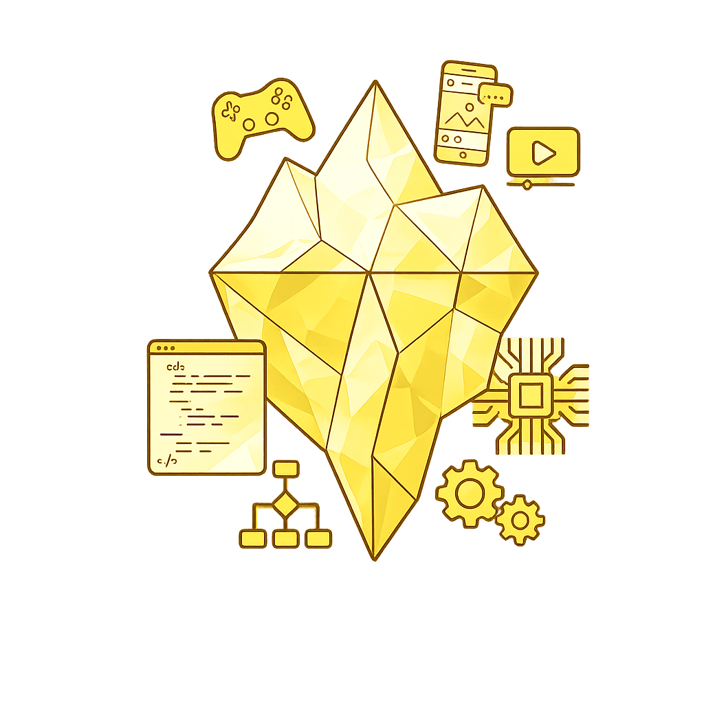 Iceberg diagram: above the water line — Gaming & Social Media (Consumption); below the water line — Algorithms, Logic & Architecture (Creation)